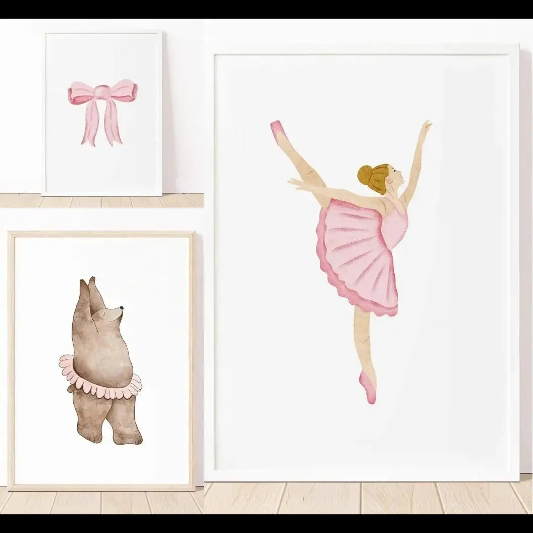 Pink Ballet Dancer Bear  Cute Teddy Bear Canvas Painting Minimalist Wall Art