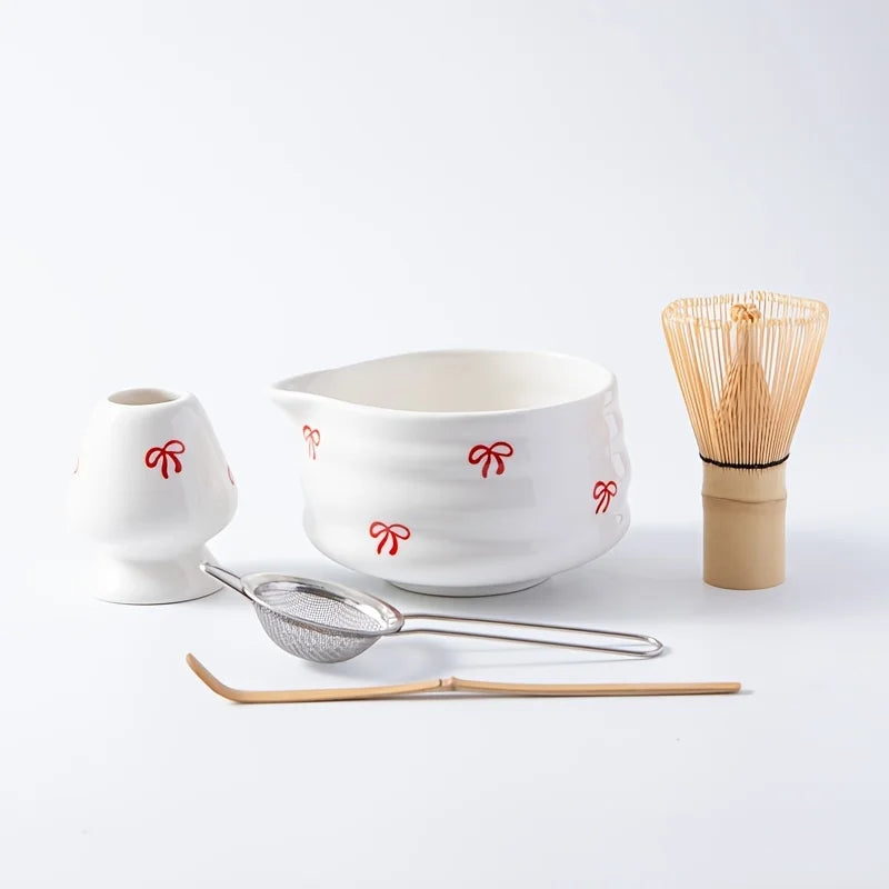 Red Bow Decal 5 Pieces Ceramic Matcha Set, Matcha Set Includes Matcha Bowl, Matcha Mixer and Holder, Bamboo Spoon