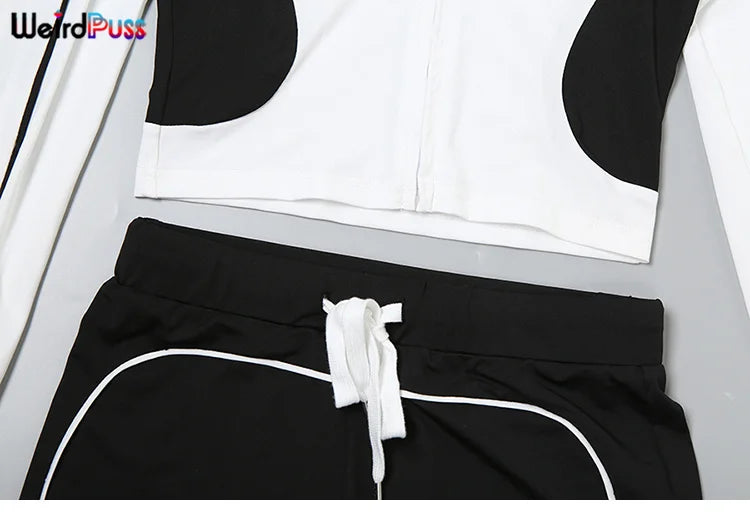 Casual Sporty 2 Piece Set Women Fall Trend Zip Hipster Patchwork Crop Jacket+Shorts Matching Classic Tracksuit Outfits