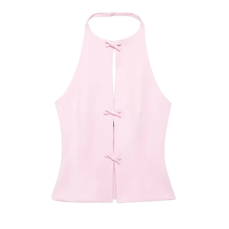 Lady Bow Two Piece Set Backless Halter Women Top And Mid Waist Skirt - New In Summer Fashion Casual Office Lady Set