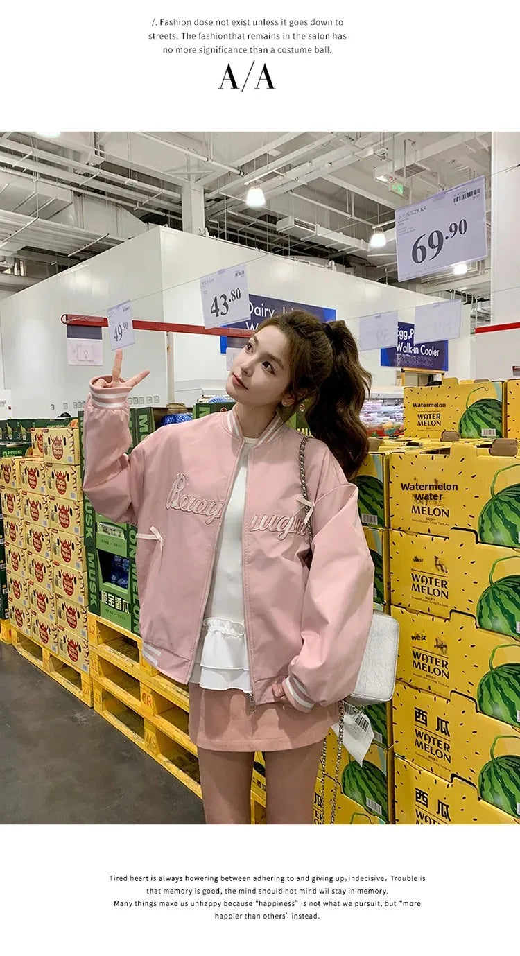 Sweet Butterfly Knot Pink Baseball Jacket Women's Spring Autumn Casual Loose Fit round Neck Full Sleeve Fashionable Coat