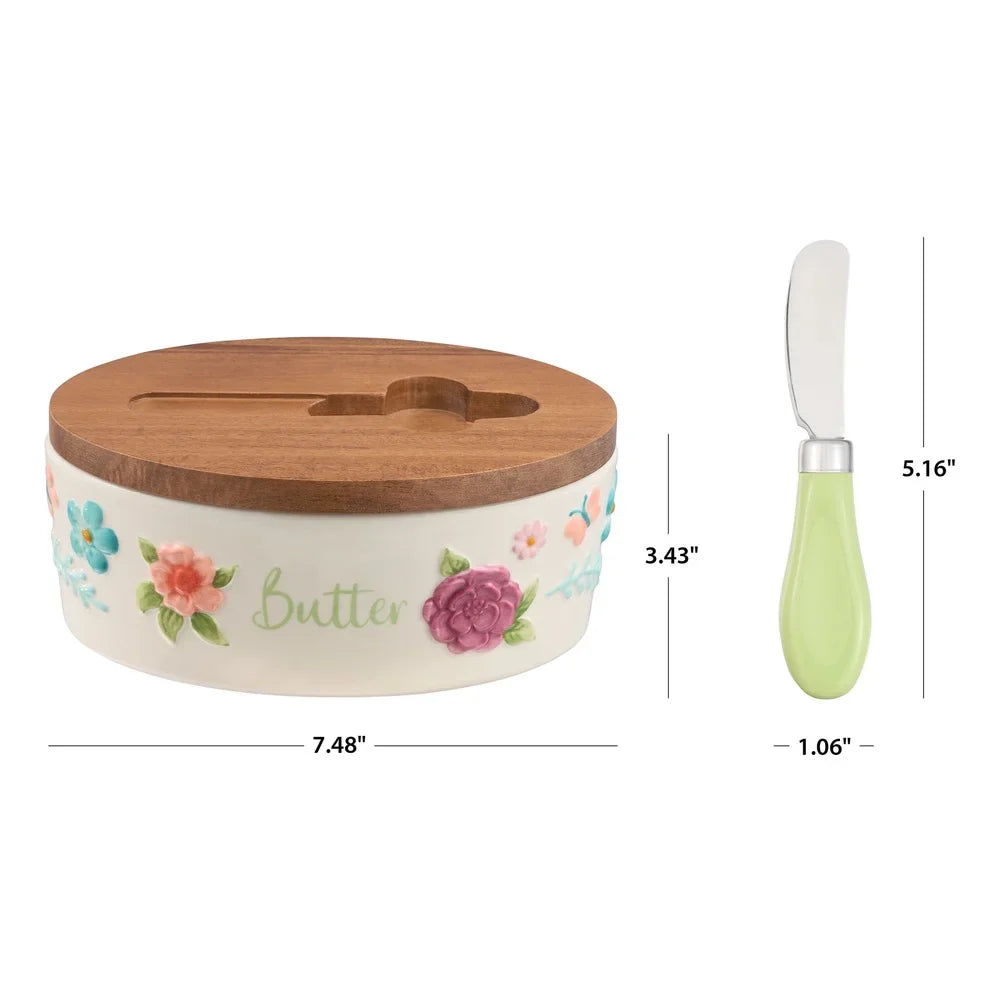 Painted Meadow Butter Dish Set Acacia Wood Lid Metal Serving Knife Floral Embossed Stoneware Butter Storage Handcrafted