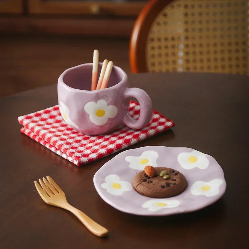 Ceramic Coffe Mug Hand Pinched Irregular Hand-painted Love Heart Cherry Pattern Cup with Saucer