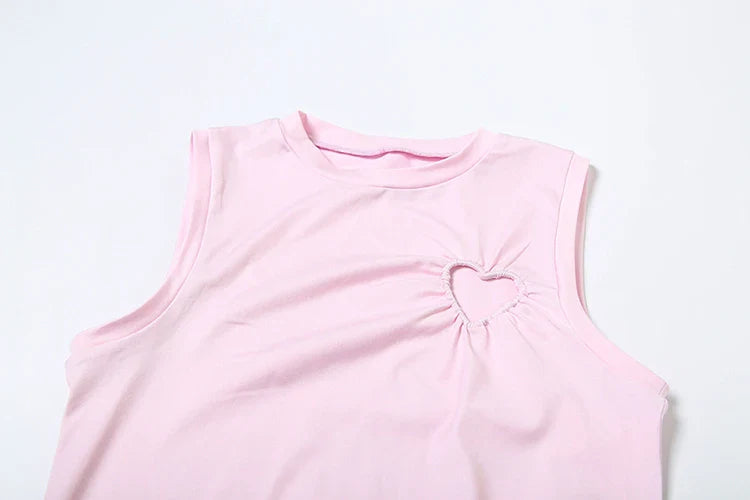 Heart Hollow 2 Piece Set Women o-Neck Sleeveless Tops+Skinny Stretch Pants