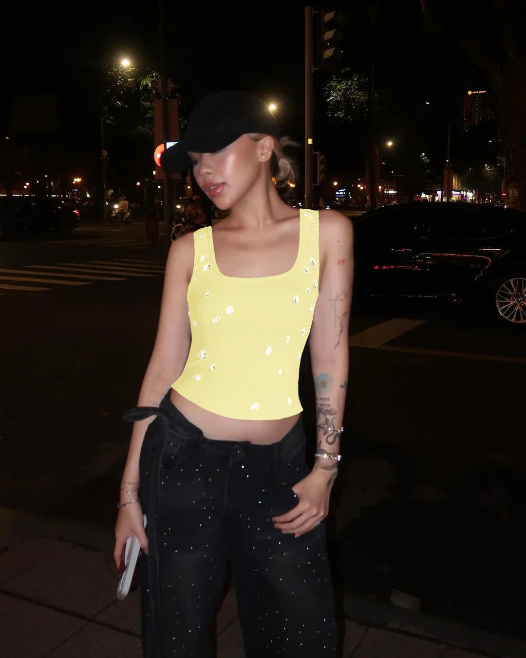 Ribbed Sleeveless Water Droplets Diamond Decorated Tank Sexy Casual Bodycon Top Party Club Streetwear Spring Summer