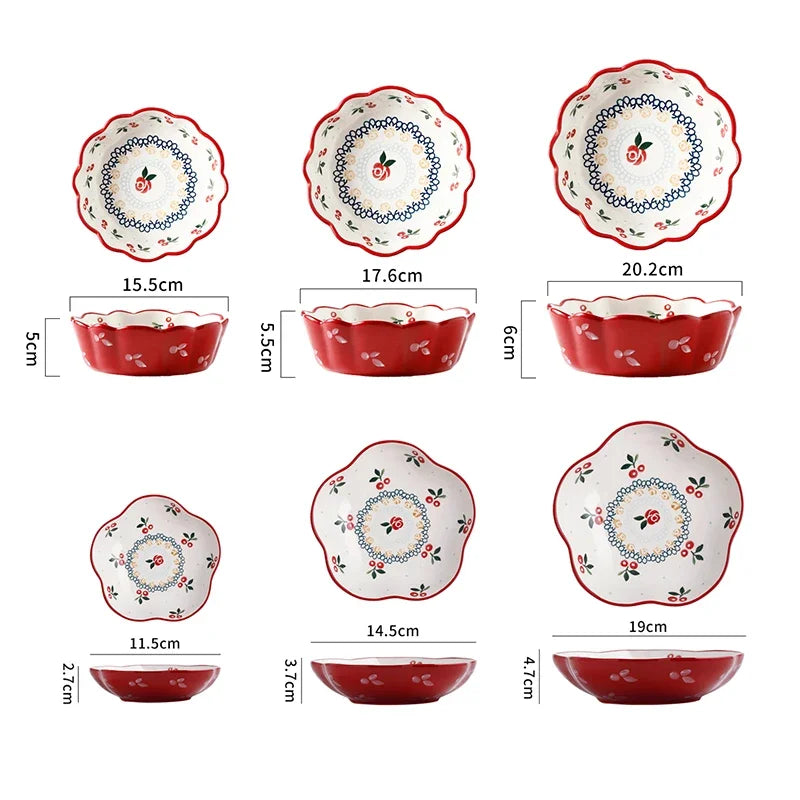 Cherry Ceramic Bowl Retro Vegetable Salad Bowl Fruit Bowl Steamed Egg Bowls Dessert Snack Bowls Restaurant Ceramic Tableware