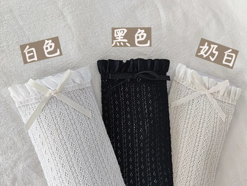 Retro Women Stockings Ruffle Long Socks Lolita Style Lace Knee High Sock Sweet Girls Cute Bow Thigh High Stocking