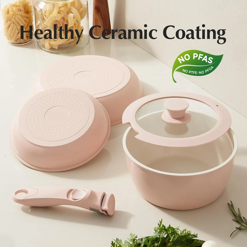 Ceramic 16pcs Pots and Pans Set Non Stick, Nonstick Kitchen Cookware Set with Detachable Handle, Non Toxic