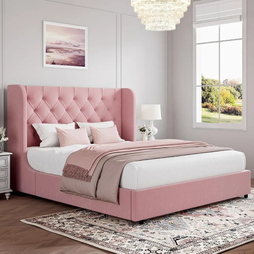 Full Size Bed Frame, Upholstered Bed Frame with Tufted Velvet Headboard and Wide Wingback, Sturdy Wooden Slats Supports