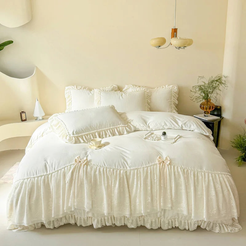 Princess Lace Bow Bedding Set Sweet Girl Chiffon Ruffles Duvet Cover Bed Sheet Pillowcase