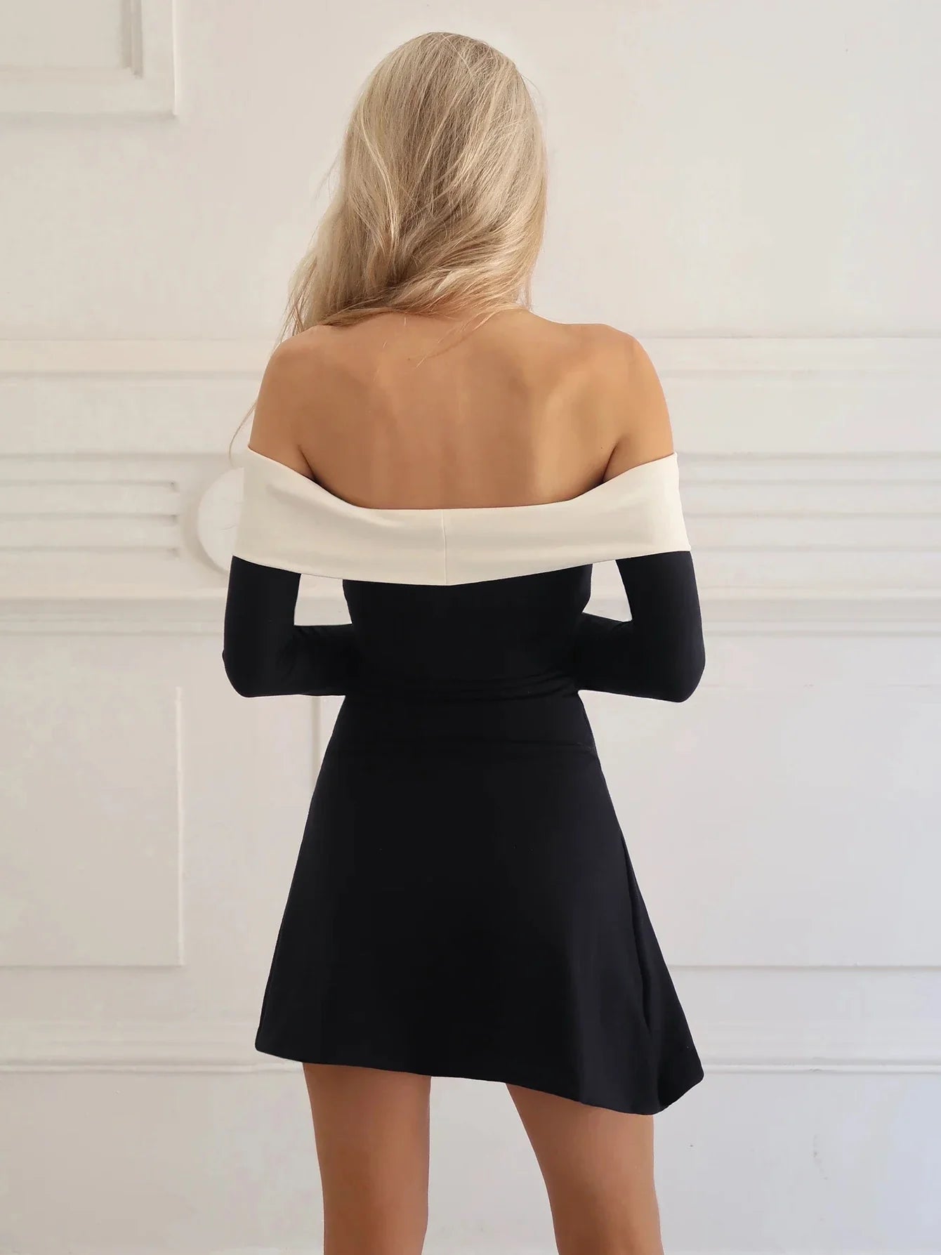 Off Shoulder Long Sleeves Slim Mini Dress Women's Sexy Elegant Outfit