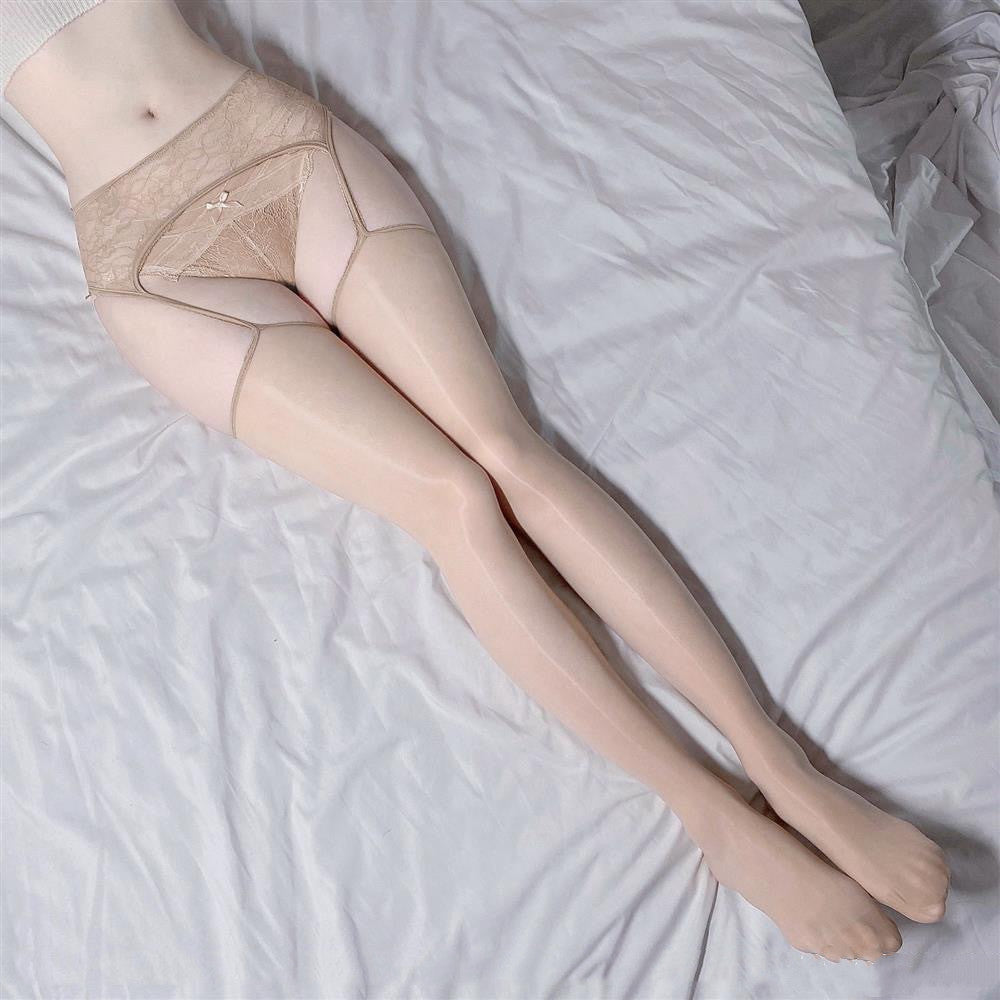 Lace Garter One-piece High Waist Stockings Hollow Oil Shiny Silk Smooth Sexy Pantyhose with Garters
