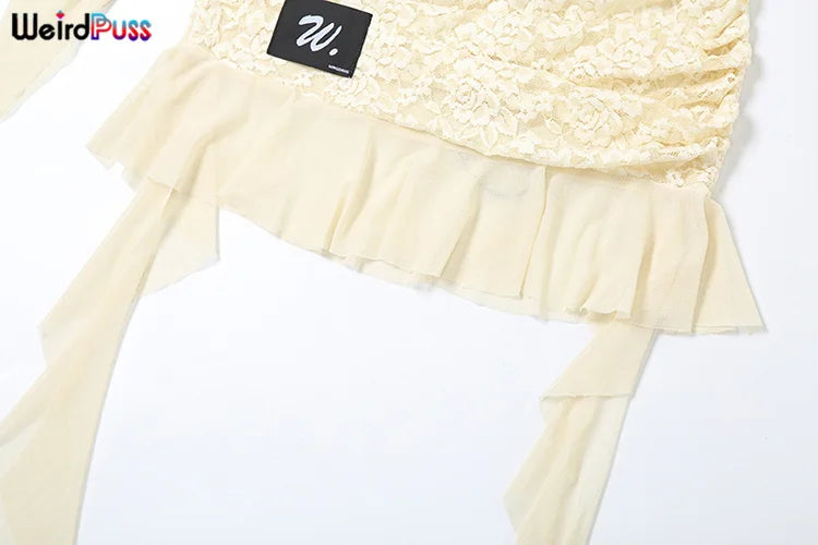 Lace Patchwork Dress Woman Sexy See Through Bandage Backless Ruffles Long Sleeve Irregular Hem Skinny Bodycon