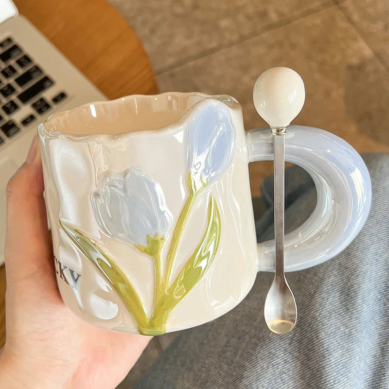 Creative Tulip Ceramic Cup with Handle Spoon Mugs