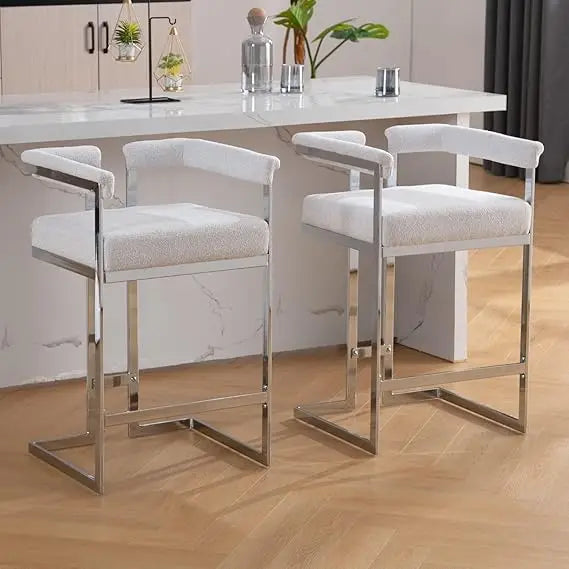 Modern Bar Stools Set of 2, 26'' Counter Height Bar Stool with Sturdy Metal Steel Frame, Chenille Upholstered Barstools with Back