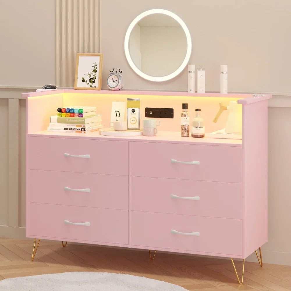 Dresser for Bedroom 6 Drawer with LED Light & Charging Station, Wooden Dressers and Chests of Drawers with 2-Tier Open Shelves