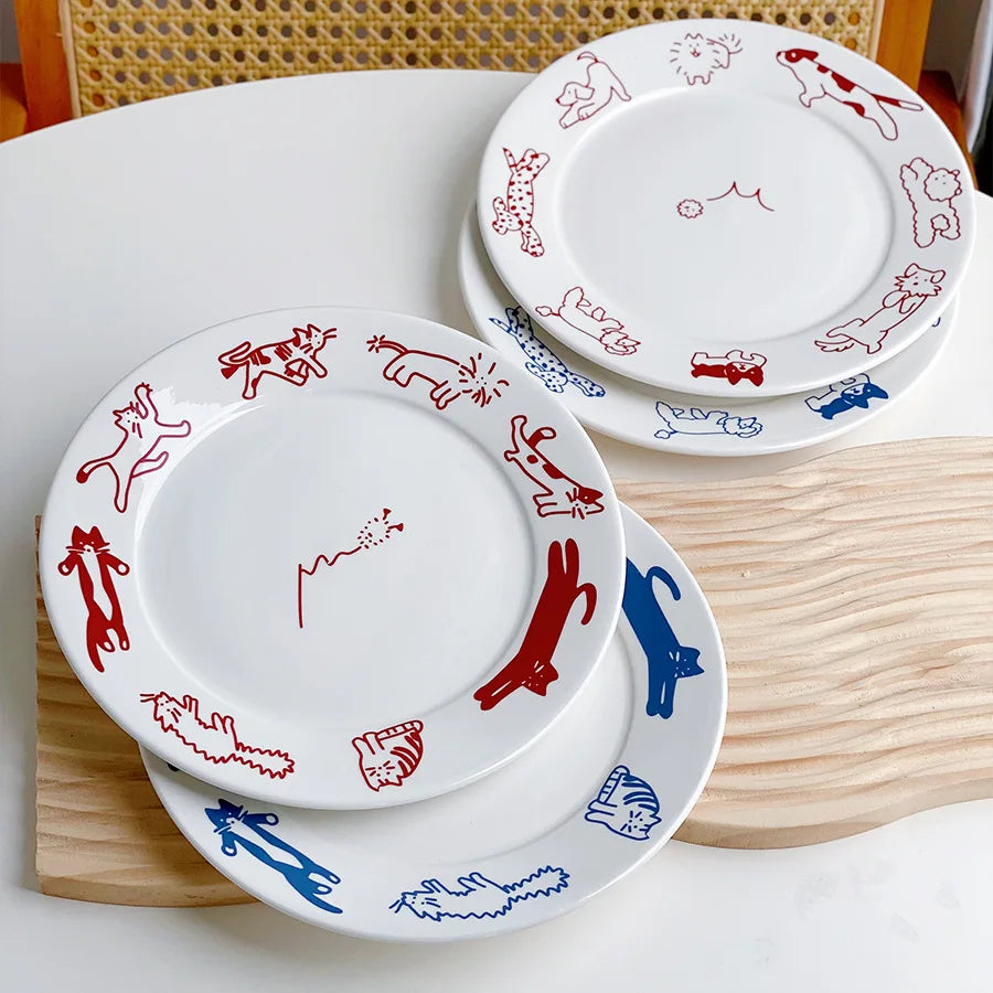 Cute Cat and Dog Ceramic Dessert Plate Cake Western Flat Plate Pasta Fruit Disc Dinner Set Plates and Dishes