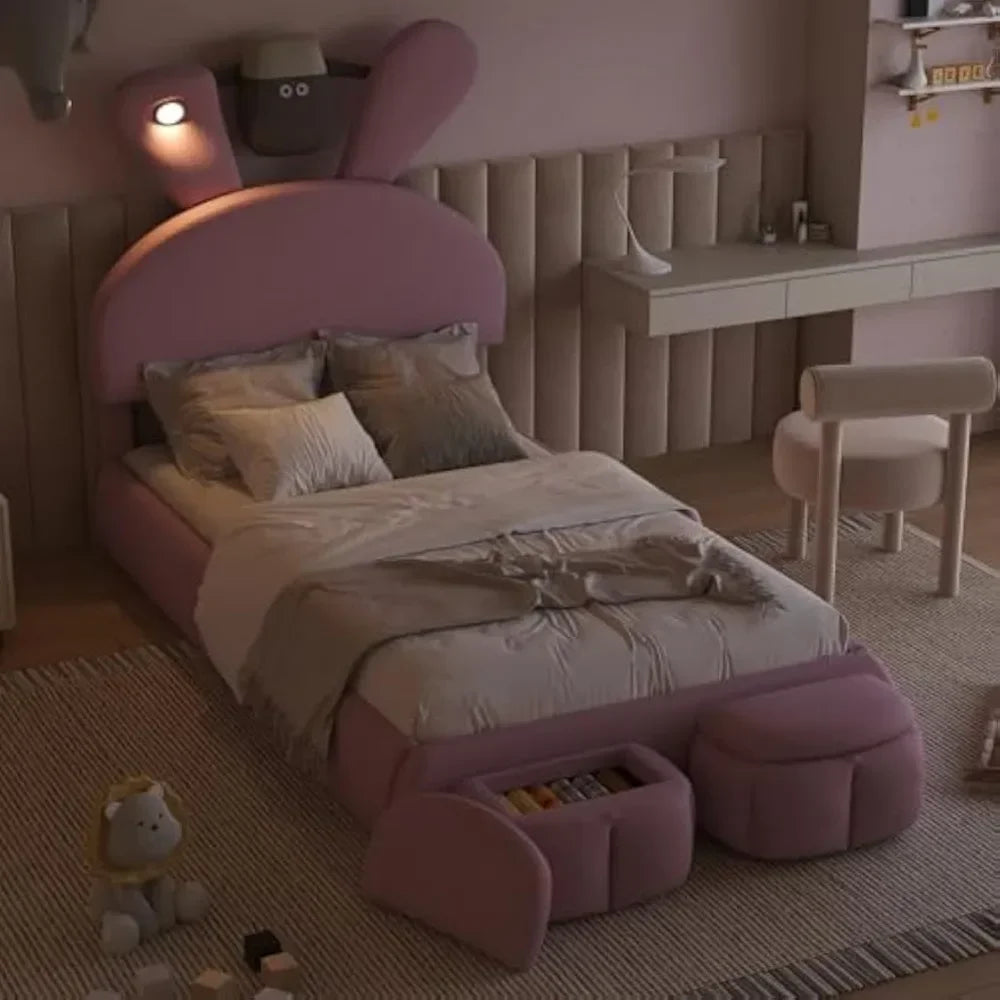 Twin Size Upholstered Platform Bed with Cartoon Ears Shaped Headboard and Light, Princess Platform Bed for Girls/Kids