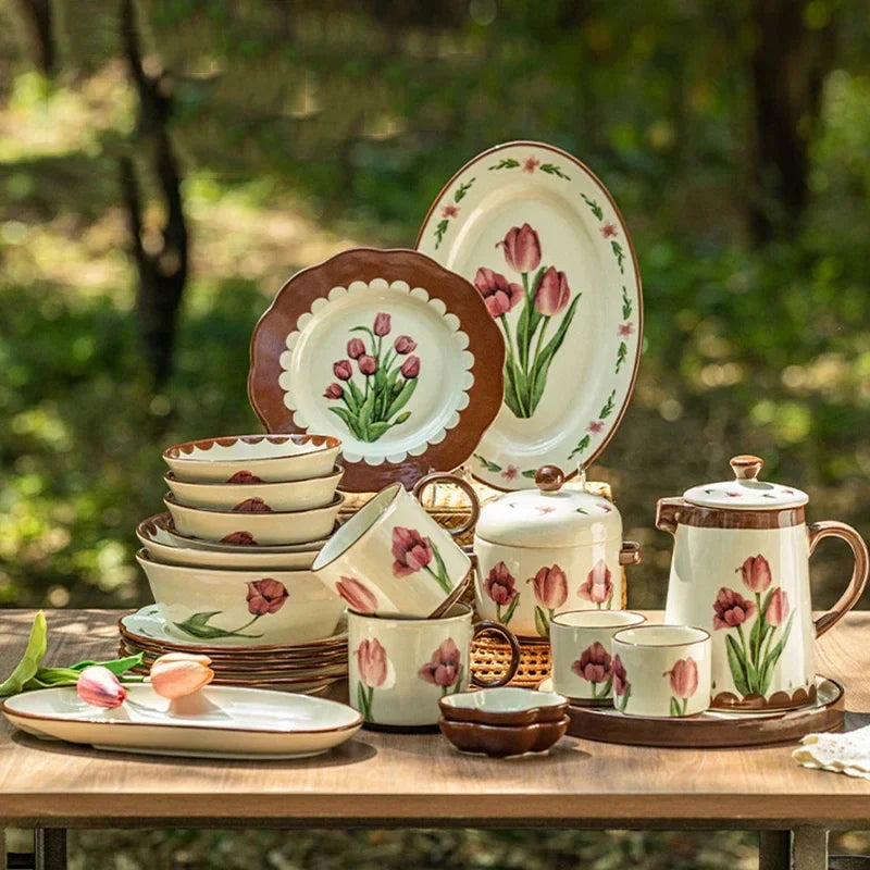 Retro Tulips Flower Ceramic Light Luxury Exquisite Dessert Plate