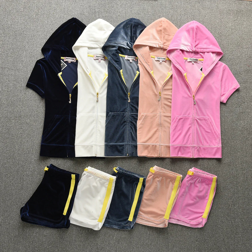 Velvet Velour Shorts Tracksuit Two Piece Sets Women Outfit Short Sleeve Top and Short Sets