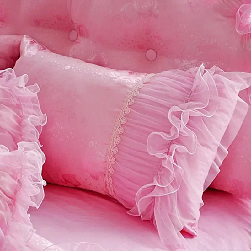 Pink Jacquard Satin Bedspread Bedding Set Luxury Princess Wedding Bed Set Lace Ruffle Duvet Cover Bed Skirt Pillowcases Cotton
