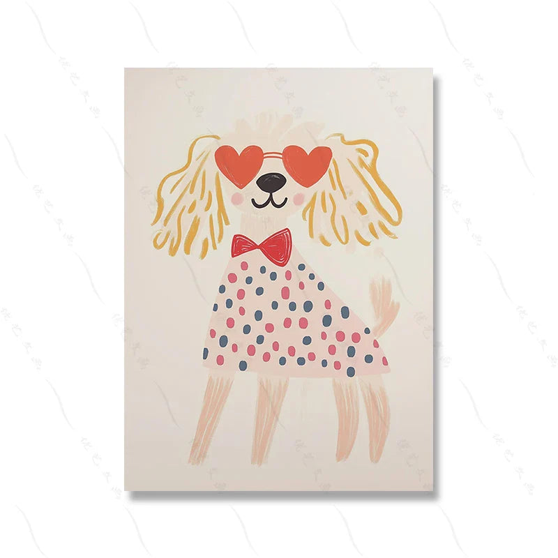 Cool Poodle Wall Art Cute Dog with Sunglasses Rabbit Colorful Kids Room Decor Modern Nursery Art Party Animal Illustration