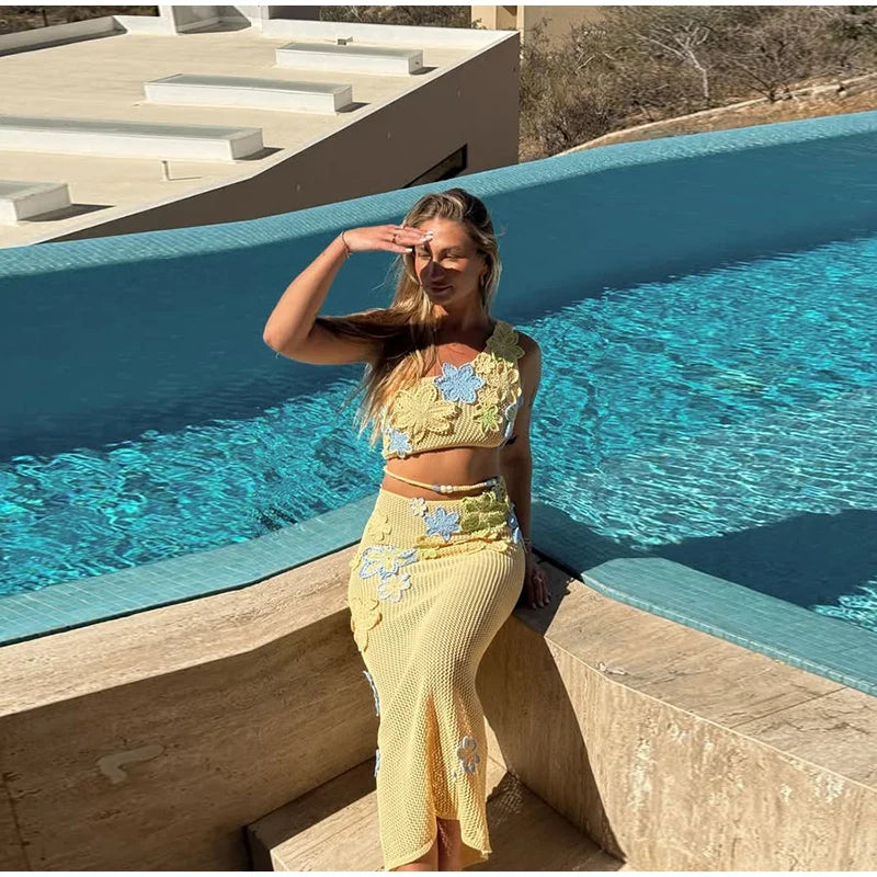 Sexy Beach Women's Set Beading Flower Crochet Crop Top Slim Maxi Skirt Female Suit Summer Hollow Out Knit Lady Dress Sets