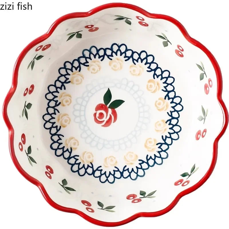 Cherry Ceramic Bowl Retro Vegetable Salad Bowl Fruit Bowl Steamed Egg Bowls Dessert Snack Bowls Restaurant Ceramic Tableware