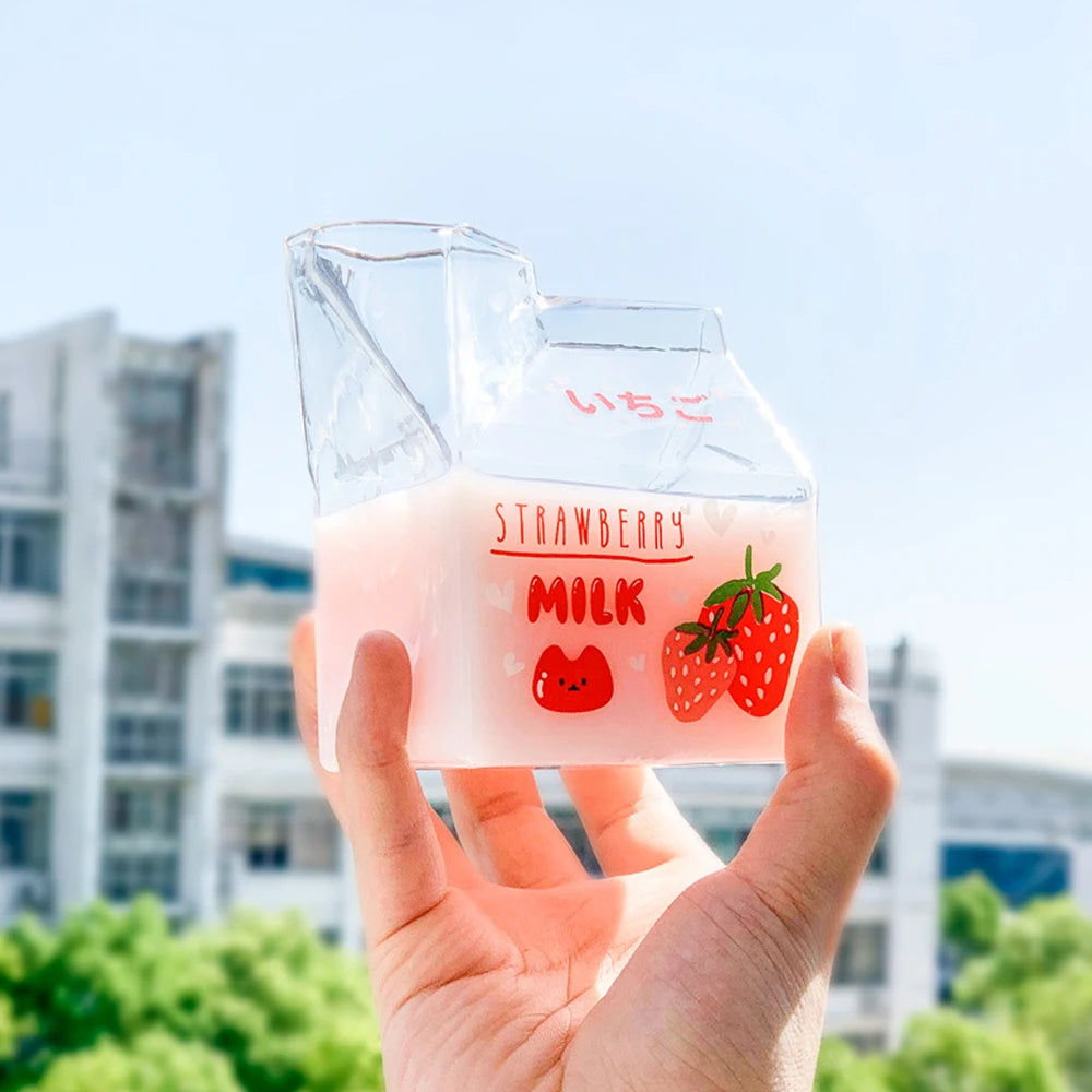 Kawaii Square Milk Carton Glass Cup Heat Resistant Cute Strawberry Peach Breakfast Cup Pudding Cup 380ml