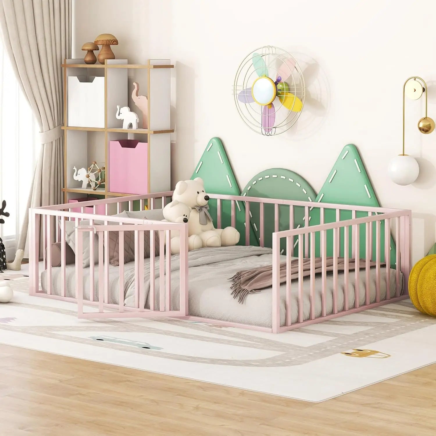 Full Size Metal Floor Bed Frame With Rails, Full Montessori Floor Bed With Fence And Door, For Kids Girls Boys (Full, Pink)