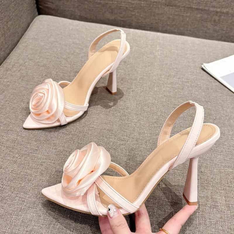 Fashion Silk Rose Flowers Pointed Open Toe Back Strap Women High Heels