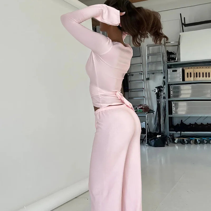 Fashion Drawstring High Waist Trousers Set Lace Up Flared Sleeve V Neck Twist Tops Plush Loose Pants Suit