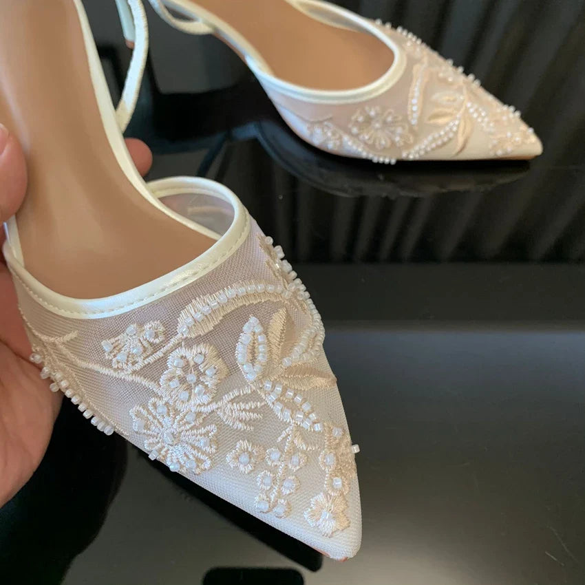 Brand Designer White Women Pumps Mesh Embroidered Flowers Back Strap Sexy Slingback High Heels