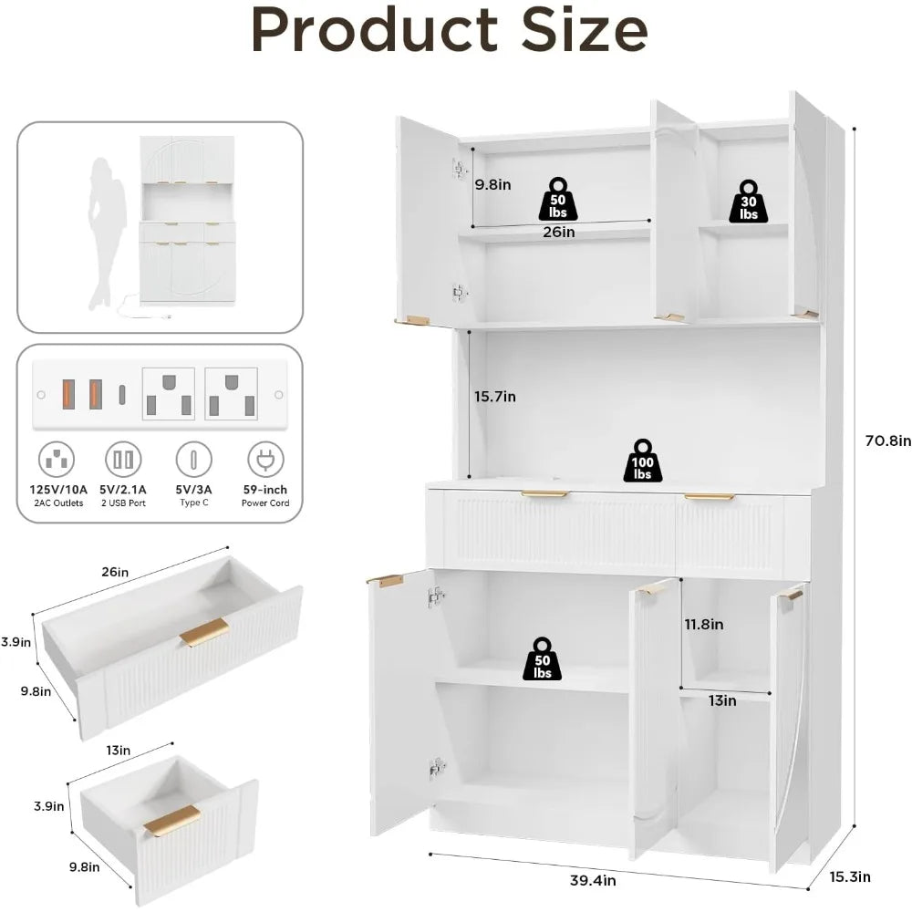 Kitchen Pantry With Charging Station, White Modern Hutch With Drawers & Microwave Stand, Buffet Cabinet With Countertop