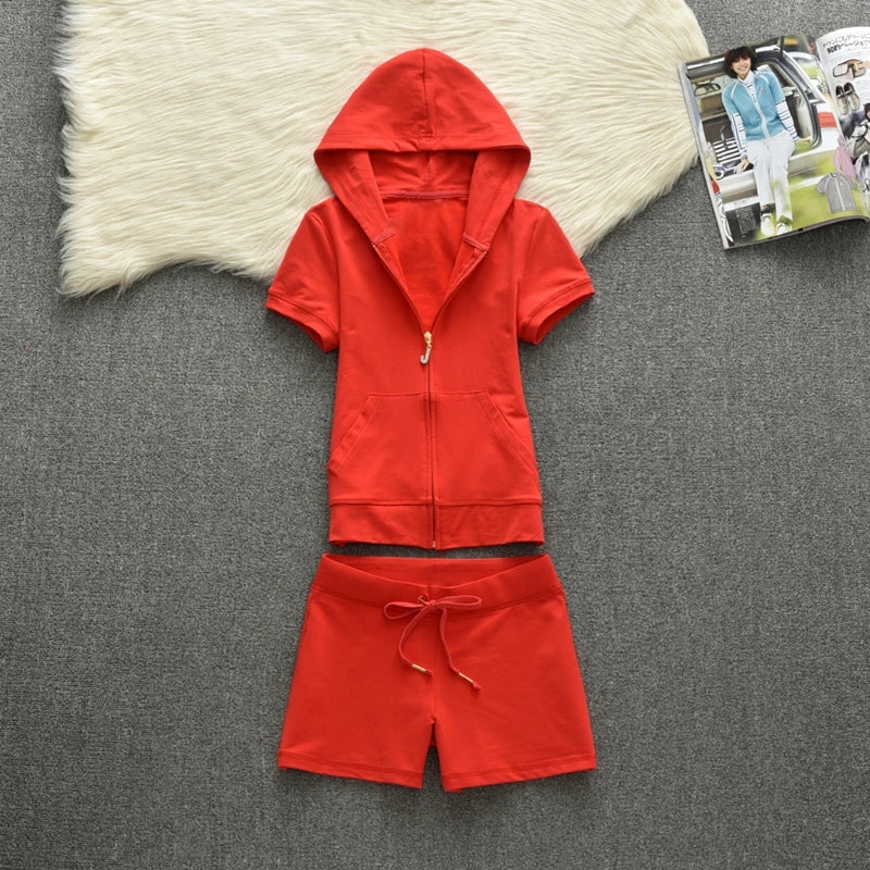 Summer Cotton Hoodie Sport Set Women's Solid Color Short Sleeve Shorts JC Summer Casual Fashion Two Piece Set