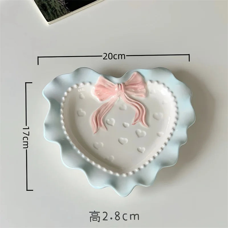 Cute Ceramic Dinner Plate Love Bow Wavy Edge