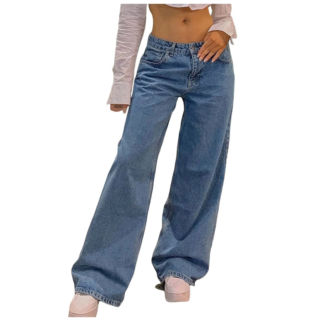 Vintage Straight Leg Denim Trousers Loose Mom Jeans Low Rise Jeans Women High Waist Skinny Denim Pants