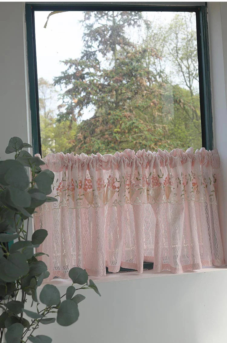 Pink Small Window Short Curtain Embroidery Floral Lace Half Window Curtains Sheer Tulle Home Decoration