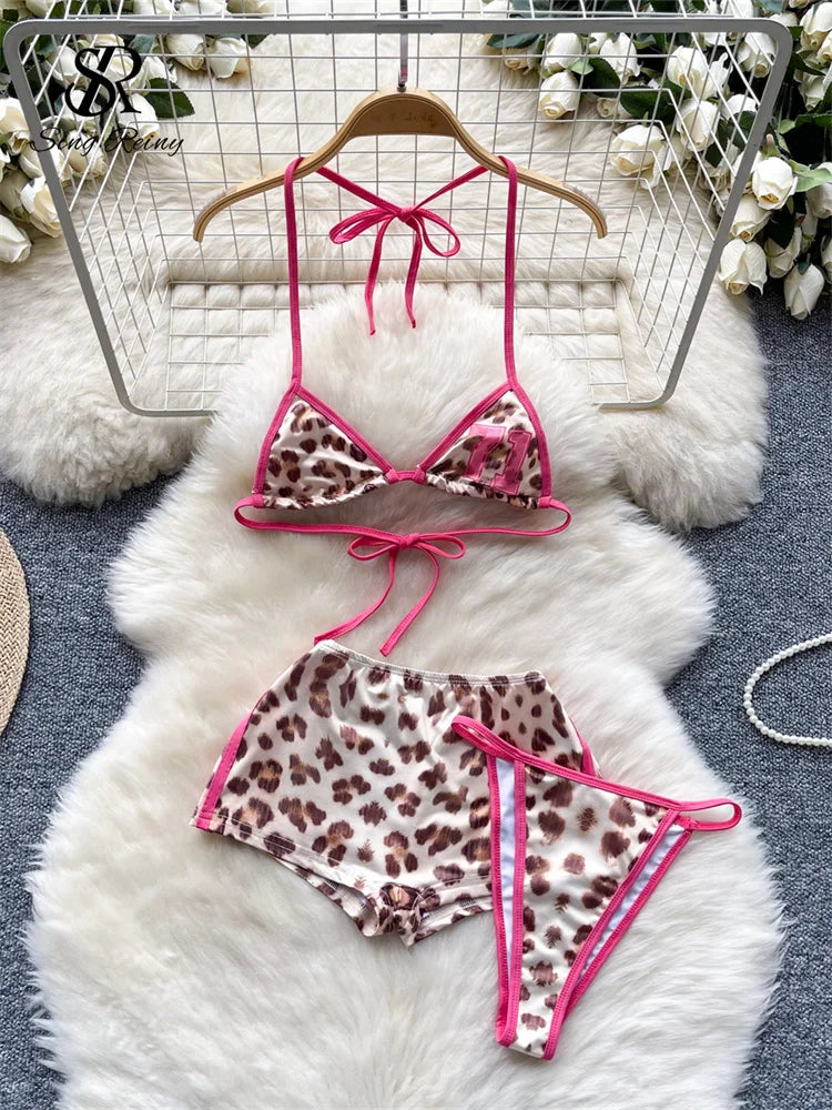 Leopard Bikini Hotsweet Three Piece Set Halter Bra+Slim Shorts+Mini Briefs Women Lace-Up Backless Sexy Suits