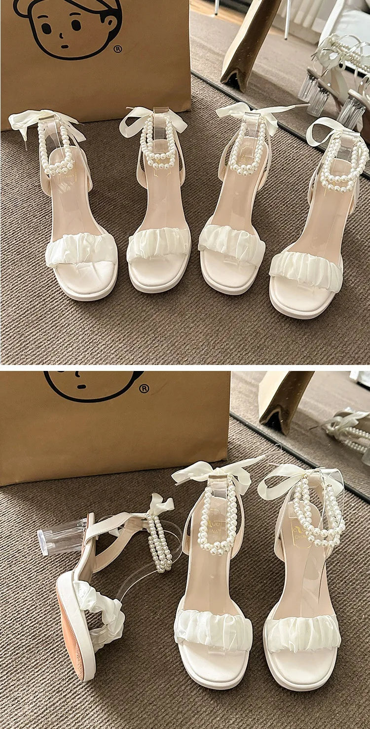 Women's Fashion Crystal Pearl High Heels Sandals