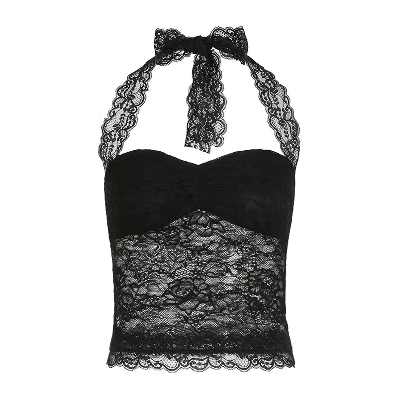 Sexy Lace Patchwork Y2K Camisoles Backless Transparent Slim Outfits Party 90s Vintage Clubwear Halter Neck Tops