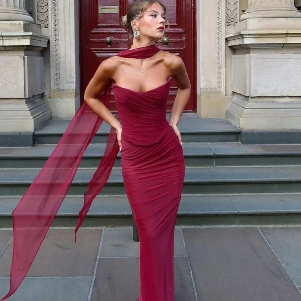 Elegant Women 2 Piece Dress Set Strapless Bodycon Crop Top and Maxi Skirt Set