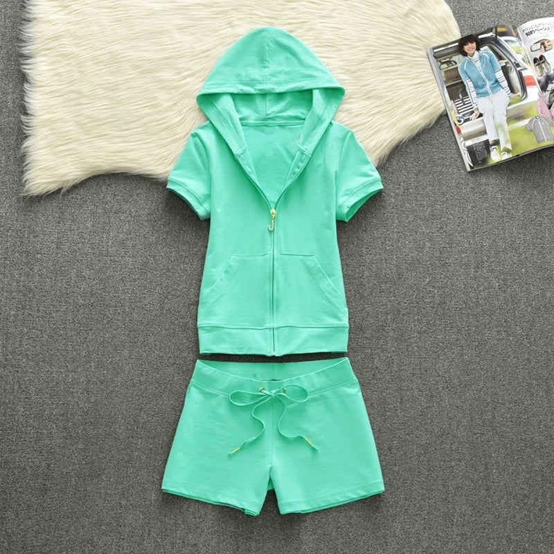 Summer Cotton Hoodie Sport Set Women's Solid Color Short Sleeve Shorts JC Summer Casual Fashion Two Piece Set
