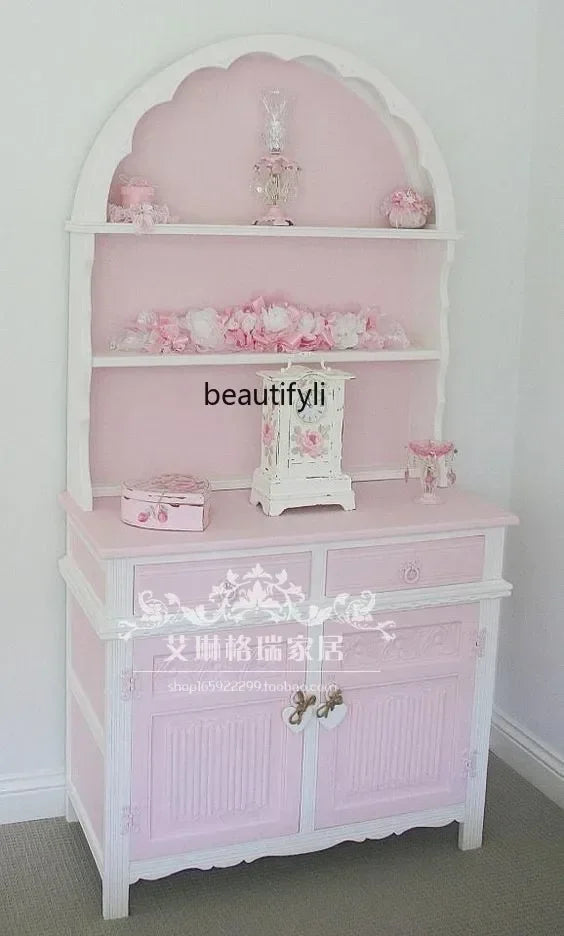 French Solid Wood Carving Flower Bookcase Dining Side Pink Princess Cabinet