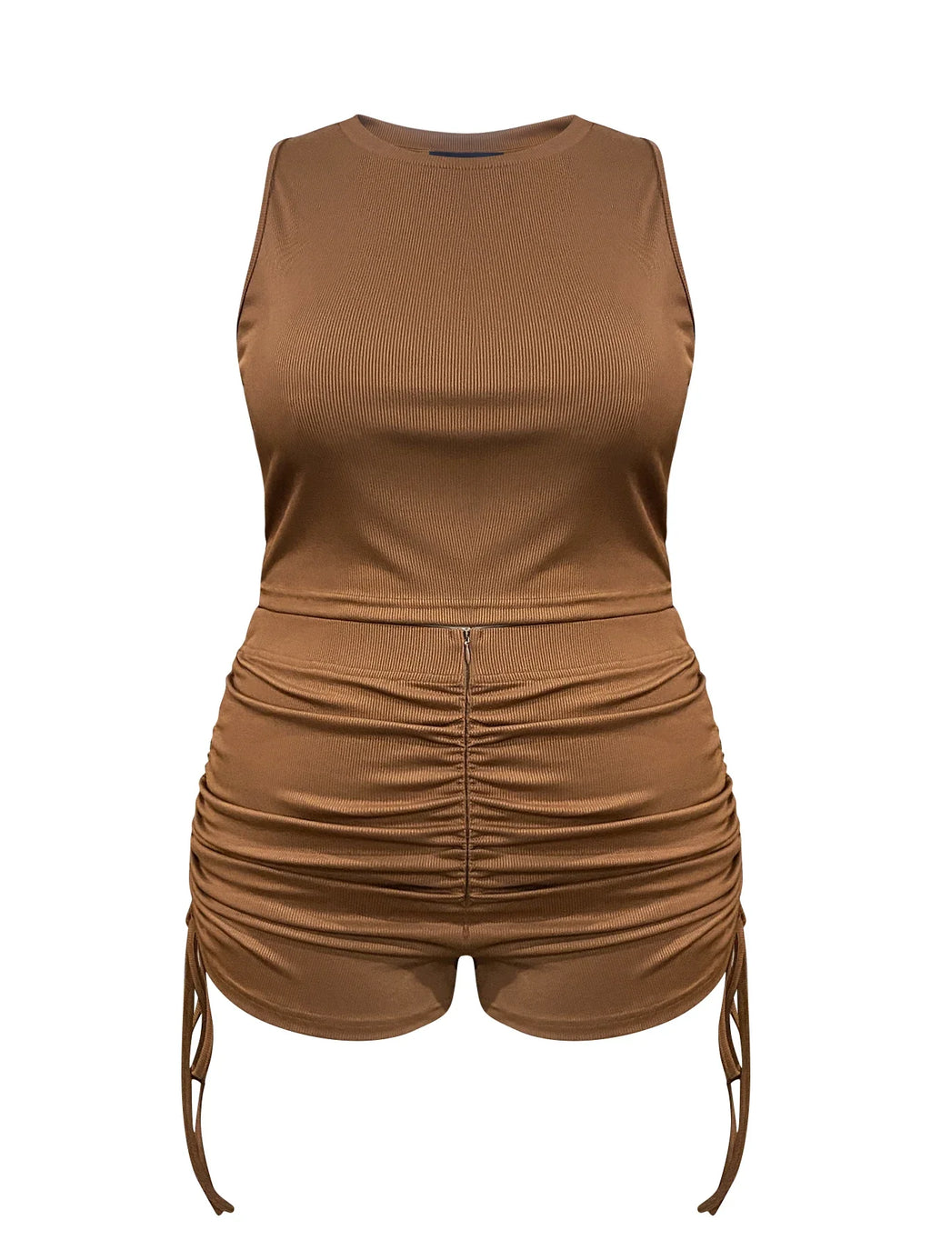 Plus Size Rib Knit Ruched Drawstring Shorts Set Summer High Elasticity Women's Set Tank Top and Ruched Shorts Two Piece Set