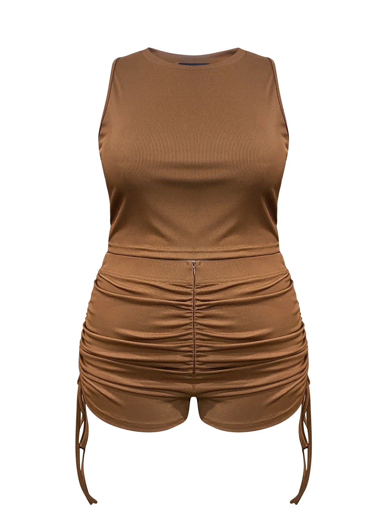 Plus Size Rib Knit Ruched Drawstring Shorts Set Summer High Elasticity Women's Set Tank Top and Ruched Shorts Two Piece Set