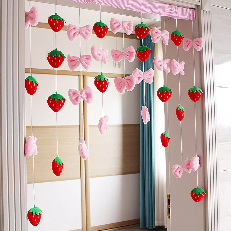 Pink Kawaii Doorway Curtains Plush Strawberry Ball Door Curtain Pendant Melody Bedroom Partition Window Valance Decor Christmas