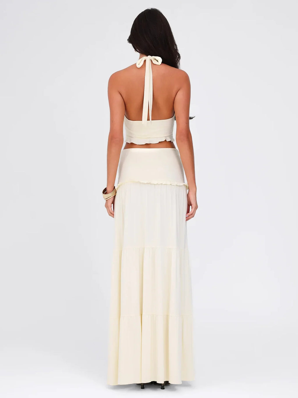 Sexy Elegant Ruched 2 Piece Skirt Set Lace Up Ruffles Patchwork Crop Top Tiered Maxi Skirt Matching Set