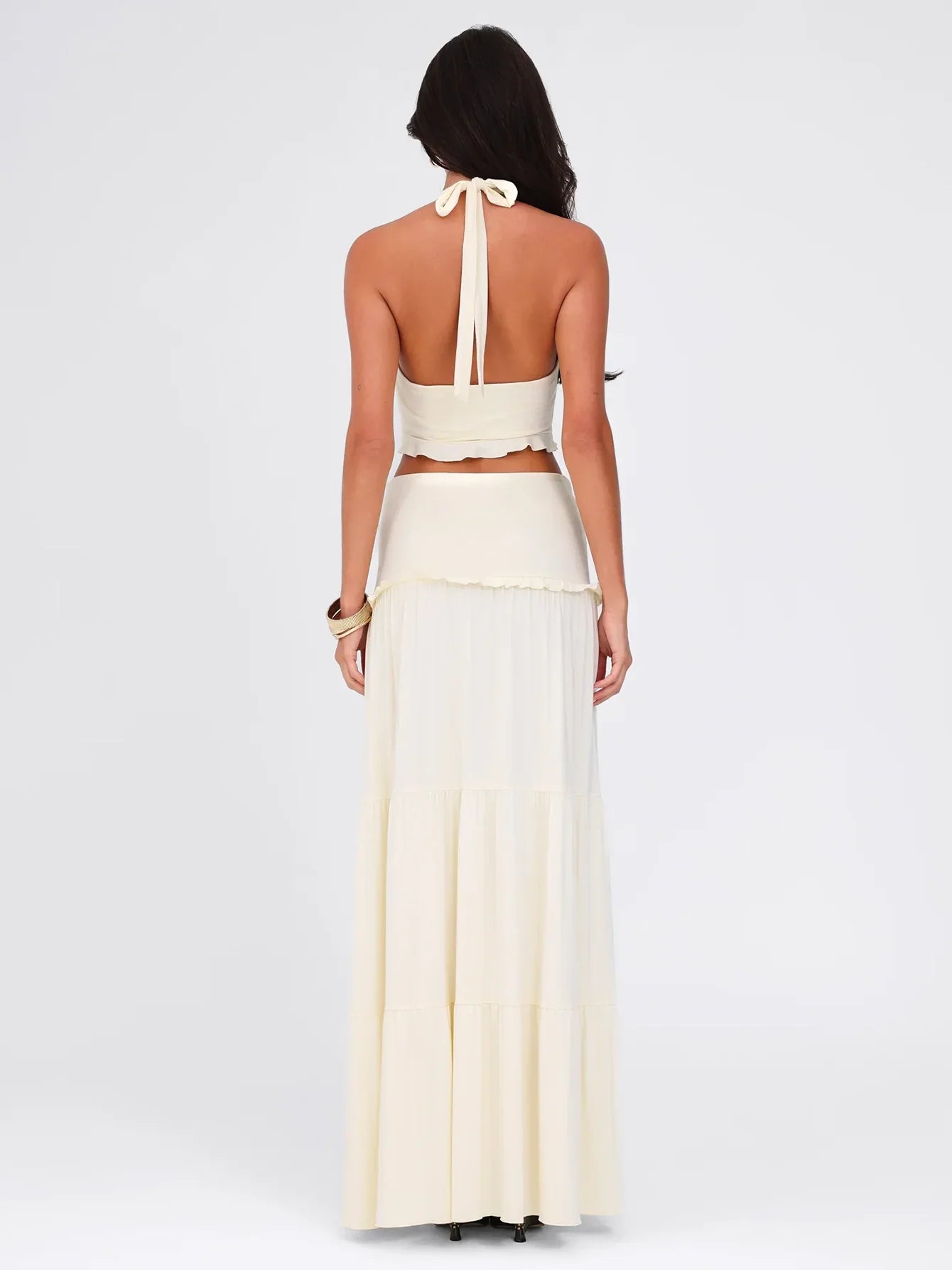 Sexy Elegant Ruched 2 Piece Skirt Set Lace Up Ruffles Patchwork Crop Top Tiered Maxi Skirt Matching Set