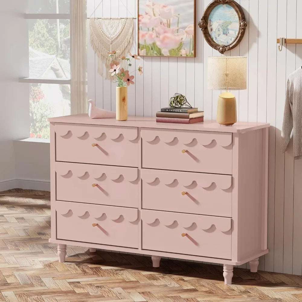 Girls Fluted Petal Scalloped Organizer Storage with Drawers, Pink 6 Drawer Dresser for Bedroom, Modern Wide Chest of Drawers